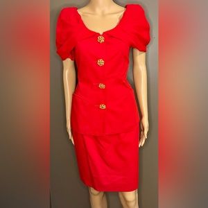 VINTAGE Yolanda Designer’s Collection Red Cotton/Silk Blend Skirt Suit Size 6